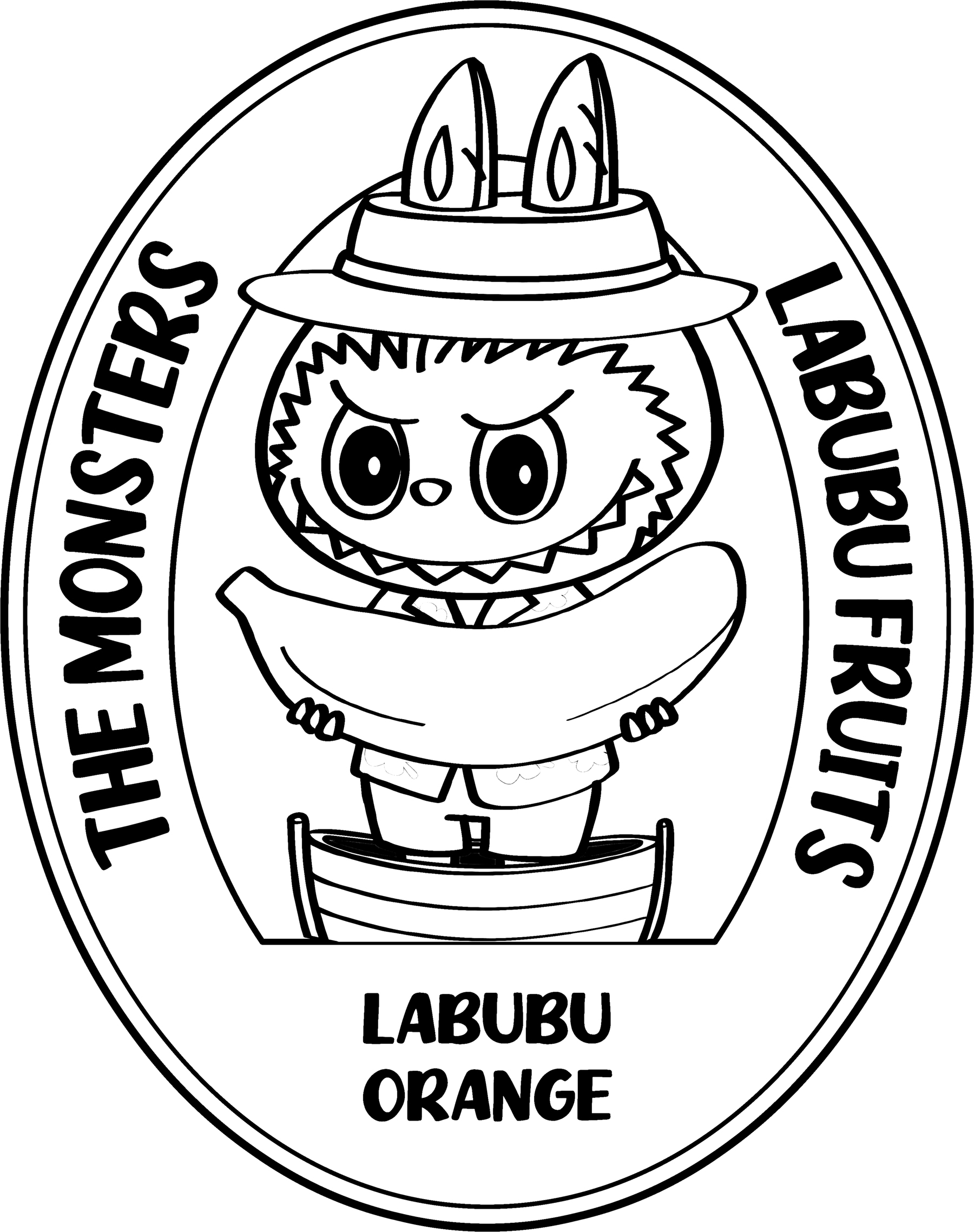 Labubu with banana framed design, line art for coloring